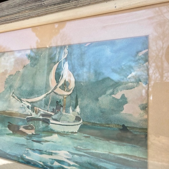 Framed Original Watercolor Painting of a Sailboat in a Gray Frame - Picture 4 of 6